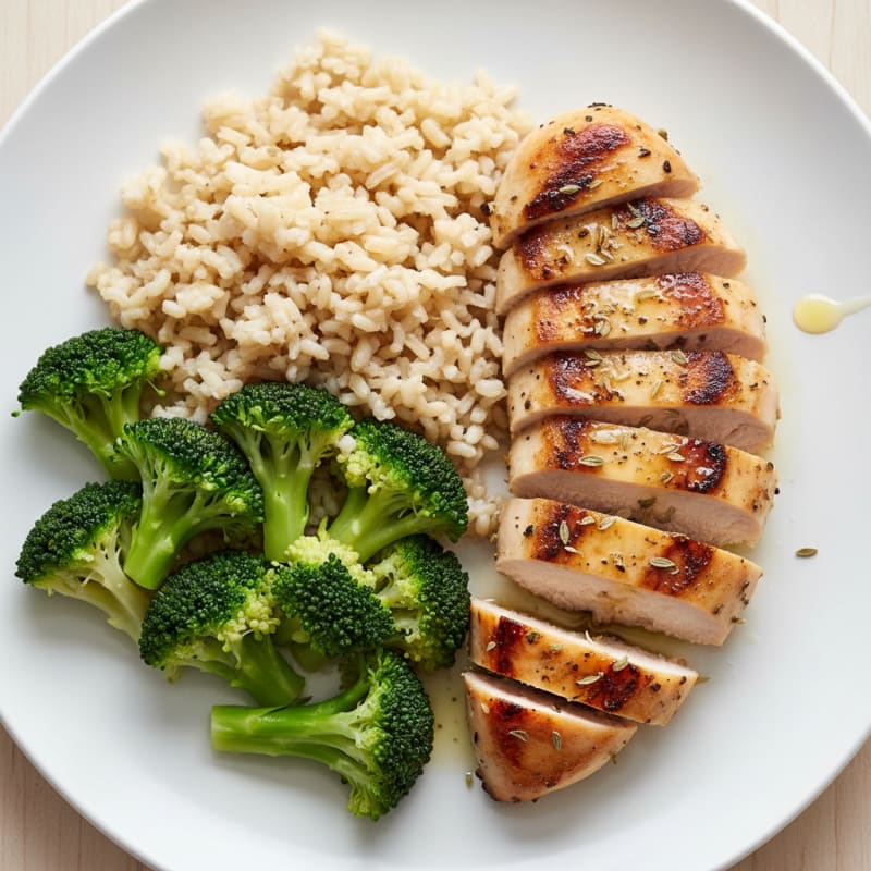 Herb-Grilled Chicken Breast with Steamed Broccoli and Brown Rice