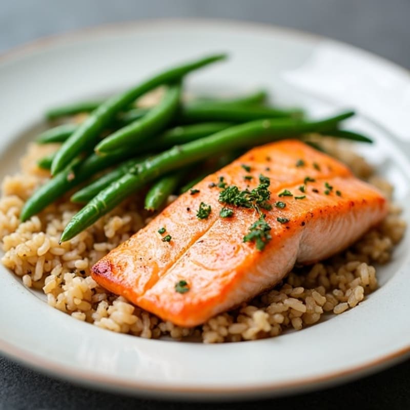 Seared Salmon with Garlic Green Beans and Brown Rice