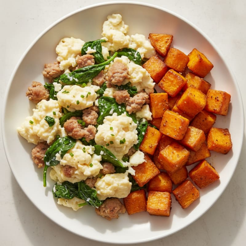 Egg White and Turkey Sausage Scramble with Spinach and Roasted Sweet Potato