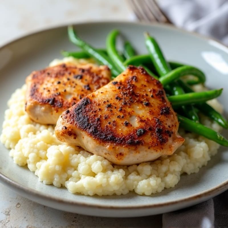 Seared Chicken Thighs with Garlic Green Beans and Cauliflower Mash