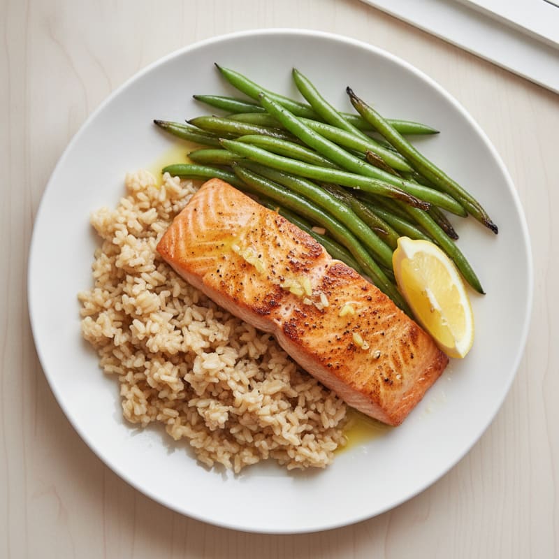 Seared Salmon Fillet with Steamed Green Beans and Brown Rice