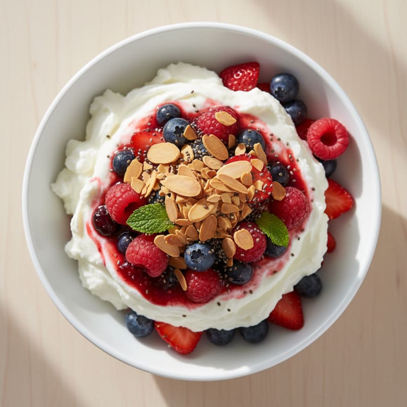 Thick Greek Yogurt Parfait with Mixed Berries and Vanilla Protein Powder