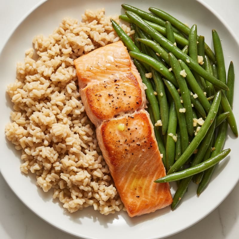 Seared Salmon with Garlic Green Beans and Brown Rice
