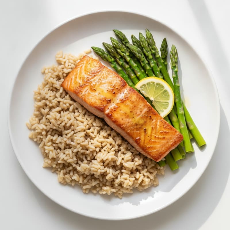 Seared Salmon with Steamed Asparagus and Brown Rice