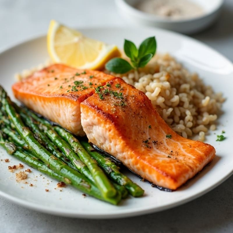 Seared Salmon Fillet with Steamed Asparagus and Brown Rice