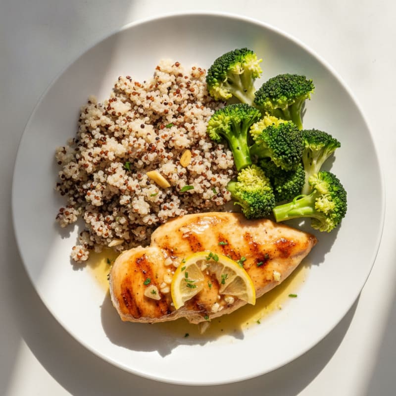 Grilled Lemon Garlic Chicken Breast with Quinoa and Steamed Broccoli