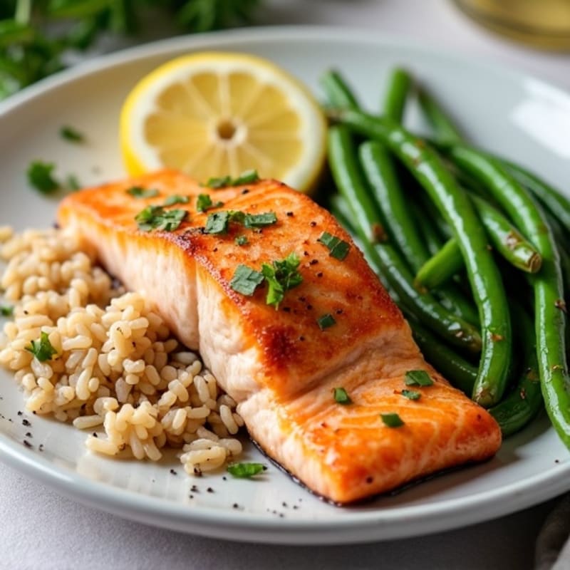 Seared Salmon Fillet with Steamed Green Beans and Brown Rice