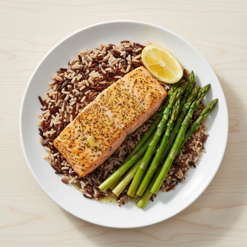 Herb-Roasted Salmon with Steamed Asparagus and Wild Rice