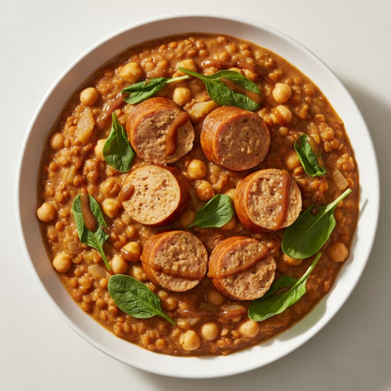 Silky Lentil and Chickpea Stew with Roasted Chicken Sausage