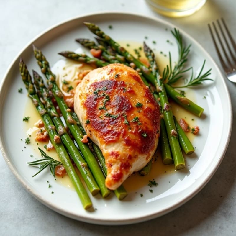 Crispy Jamon Serrano and Herb-Roasted Chicken with Tender Asparagus