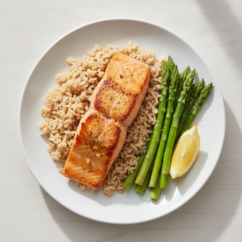 Seared Salmon Fillet with Steamed Asparagus and Brown Rice
