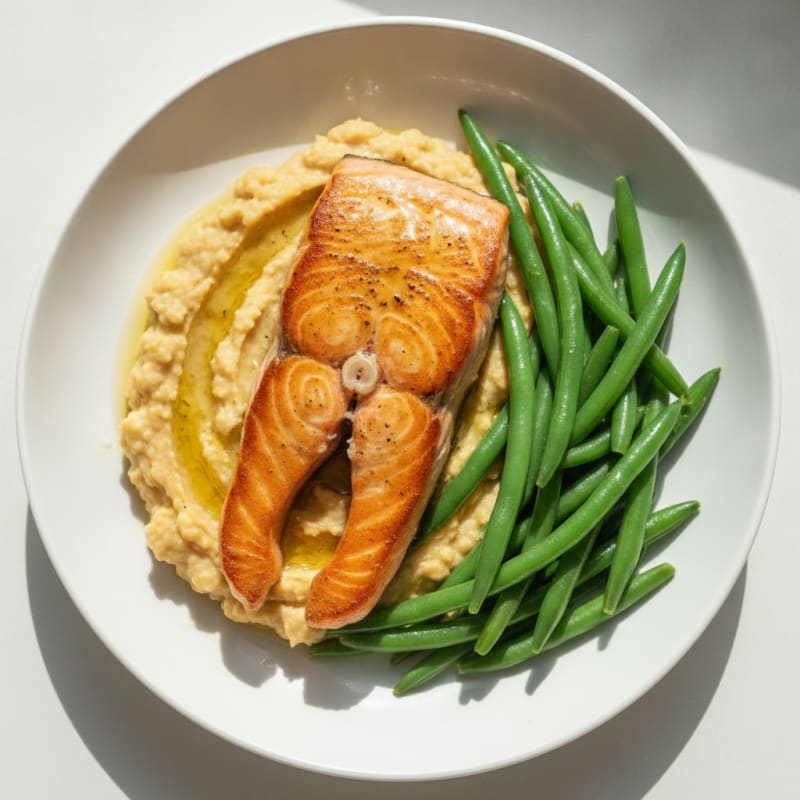 Seared Salmon with Creamy Chickpea Mash and Steamed Green Beans