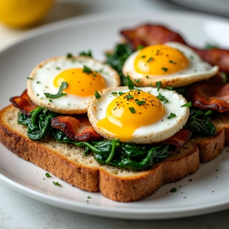 Crispy Turkey Bacon and Poached Eggs with Sautéed Spinach on Whole Grain Toast with Creamy Lemon Yogurt Sauce