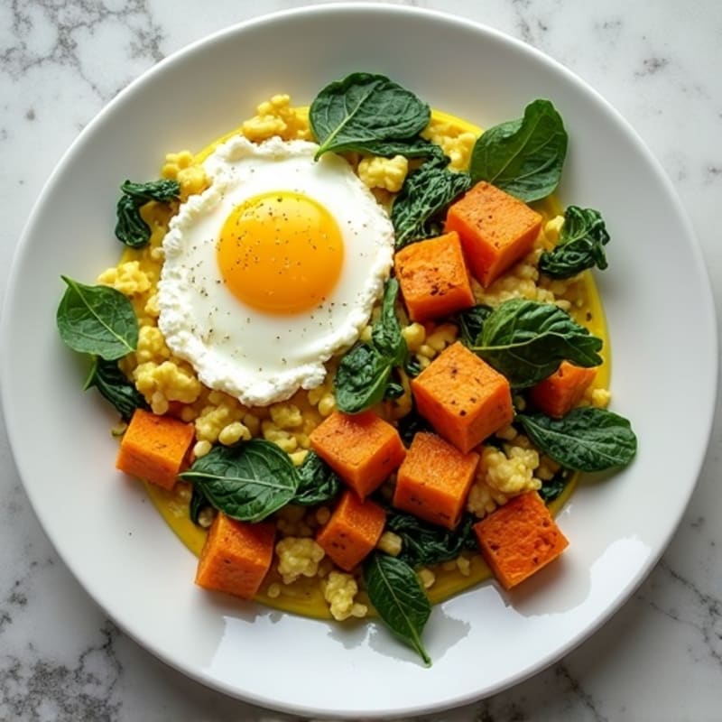 Cottage Cheese Scramble with Spinach and Roasted Sweet Potatoes