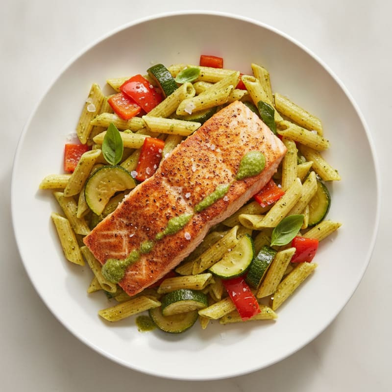 Cajun Salmon with Pesto Pasta and Roasted Vegetables