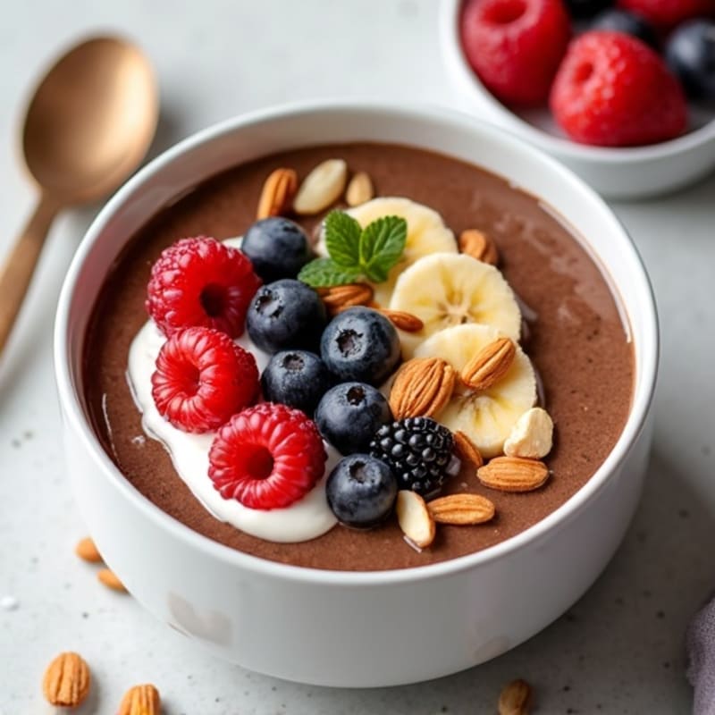 Creamy Chocolate Fudge Protein Smoothie Bowl with Berries and Toasted Almonds