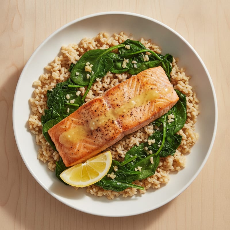 Seared Salmon with Garlic Sautéed Spinach and Brown Rice