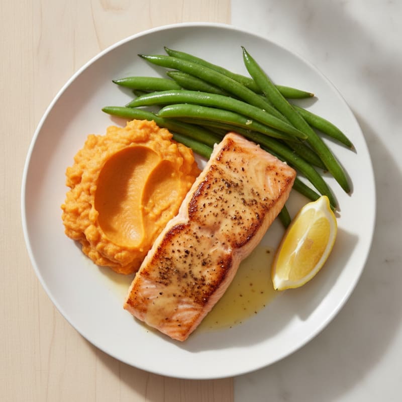 Seared Salmon with Steamed Green Beans and Sweet Potato Mash