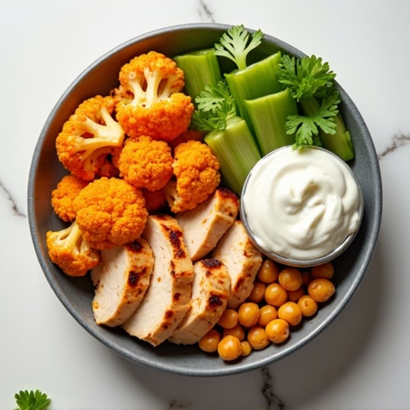 Buffalo Roasted Cauliflower Power Bowl with Creamy Ranch and Crunchy Celery