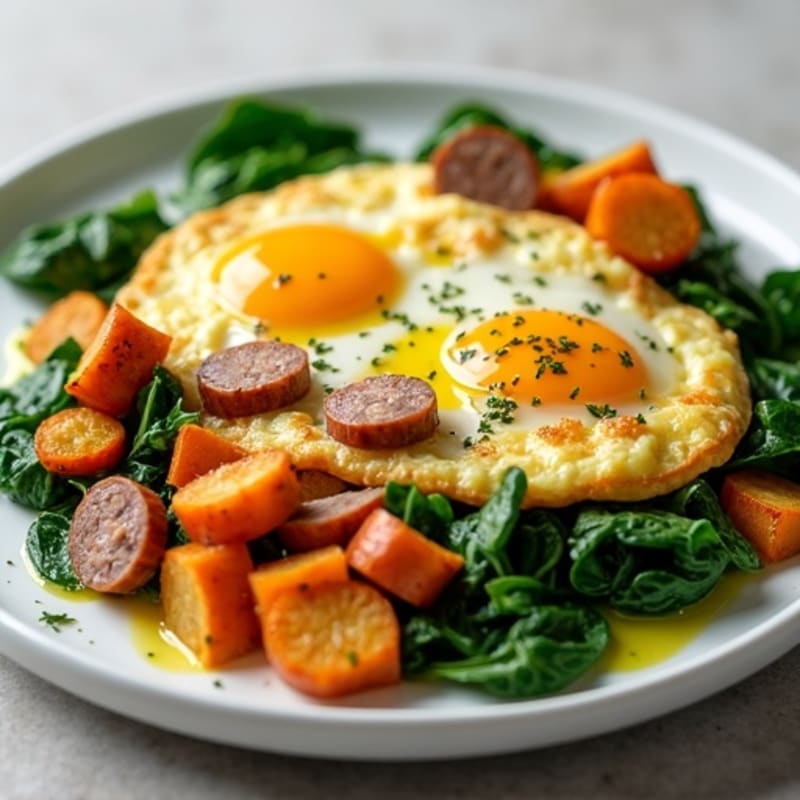 Egg White and Turkey Sausage Scramble with Spinach and Roasted Sweet Potatoes