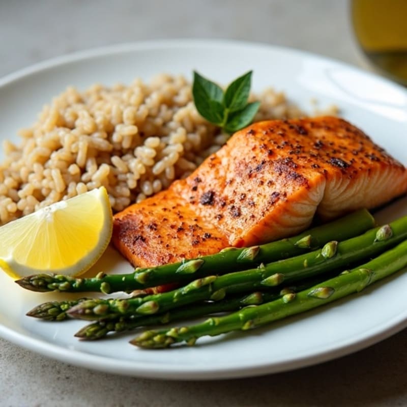 Seared Salmon with Steamed Asparagus and Brown Rice
