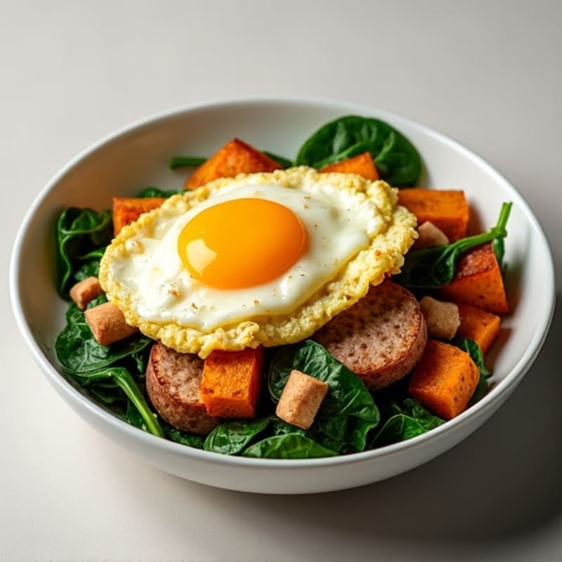 Egg White and Turkey Sausage Scramble with Spinach and Roasted Sweet Potatoes