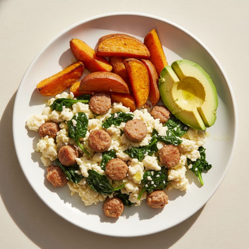 Egg White Scramble with Turkey Sausage and Sautéed Spinach