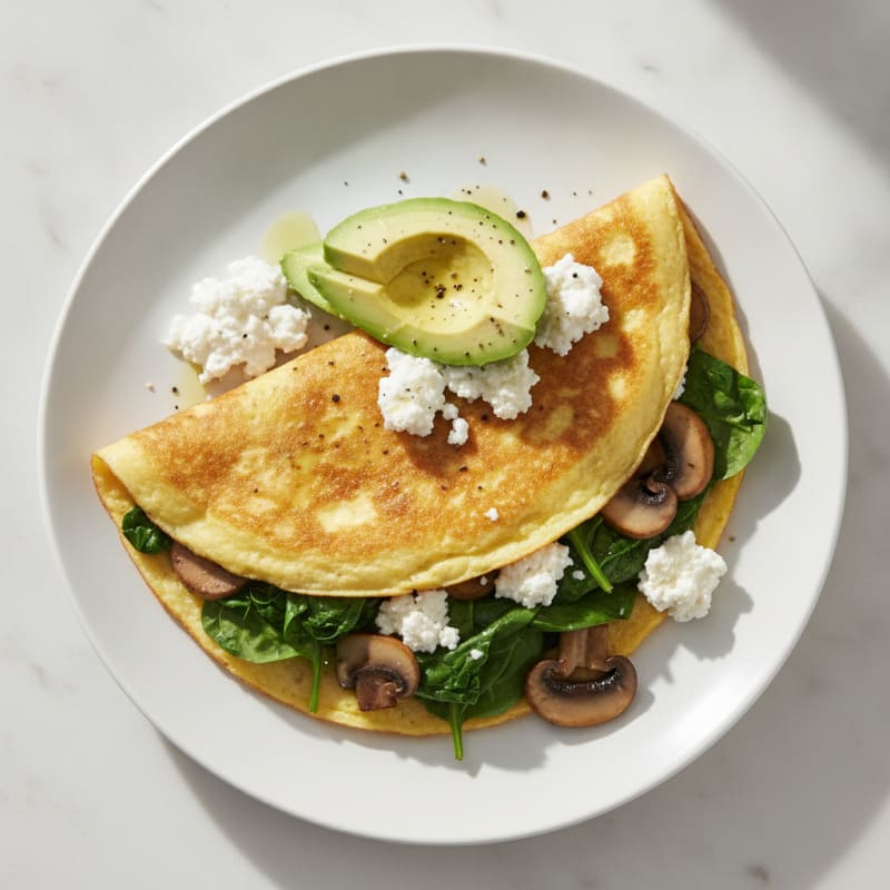Egg White Spinach Omelette with Cottage Cheese and Sautéed Mushrooms