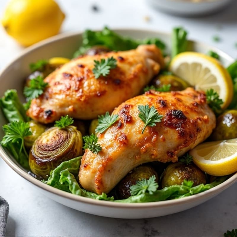 Roasted Chicken and Crispy Brussels Sprouts with Lemon Vinaigrette