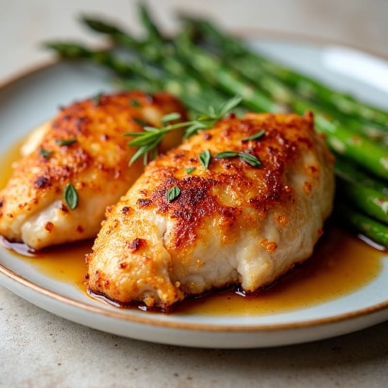Crispy Glazed Honey Garlic Chicken with Roasted Asparagus