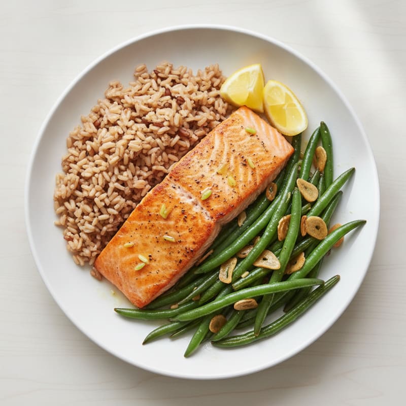 Seared Salmon with Garlic Green Beans and Brown Rice