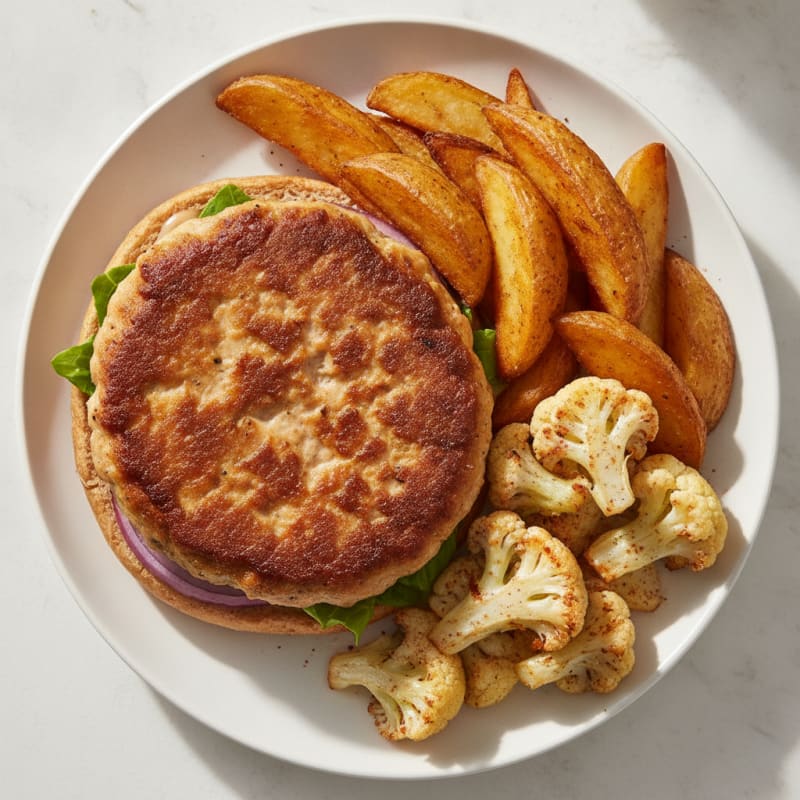 Seared Chicken Burger with Crispy Potato Wedges and Cauliflower