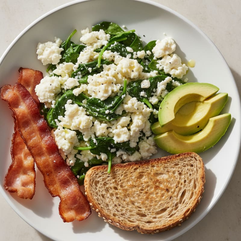 Cottage Cheese Egg White Scramble with Turkey Bacon and Spinach