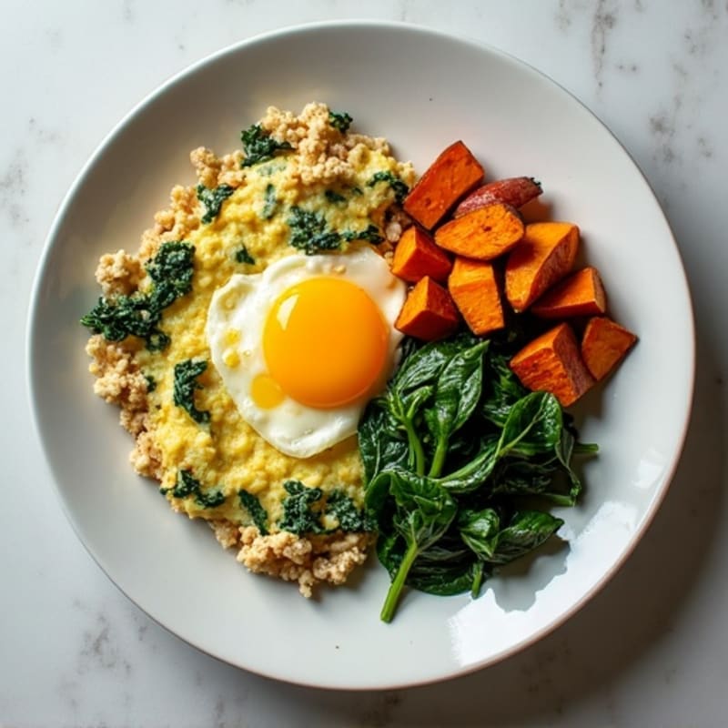 Turkey Spinach Egg White Scramble with Roasted Sweet Potatoes