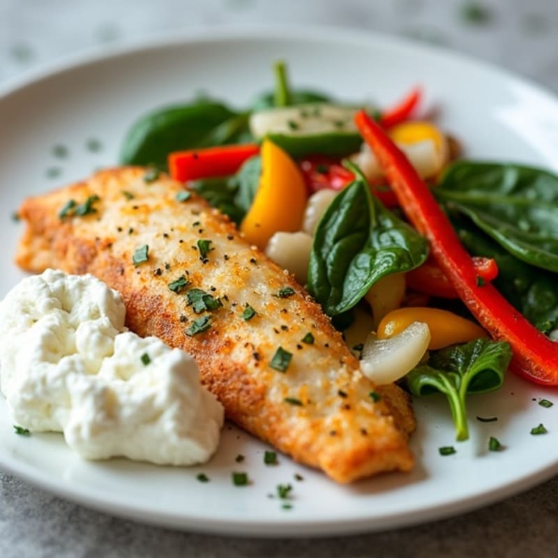 Flaky Pan-Seared Tilapia with Egg White Vegetable Hash and Creamy Cottage Cheese
