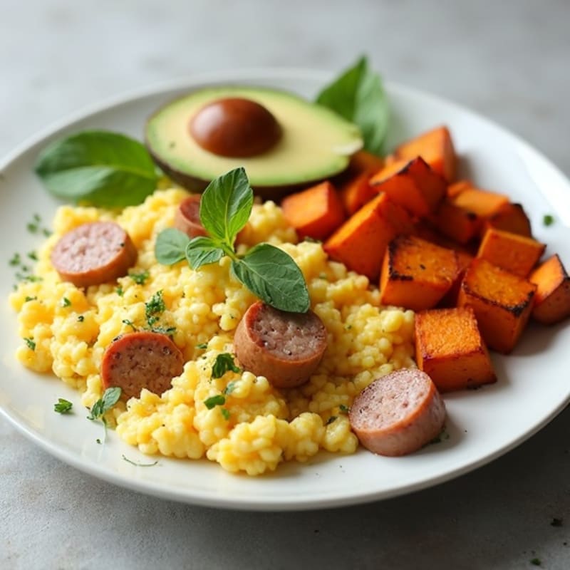 Egg White and Turkey Sausage Scramble with Roasted Sweet Potatoes
