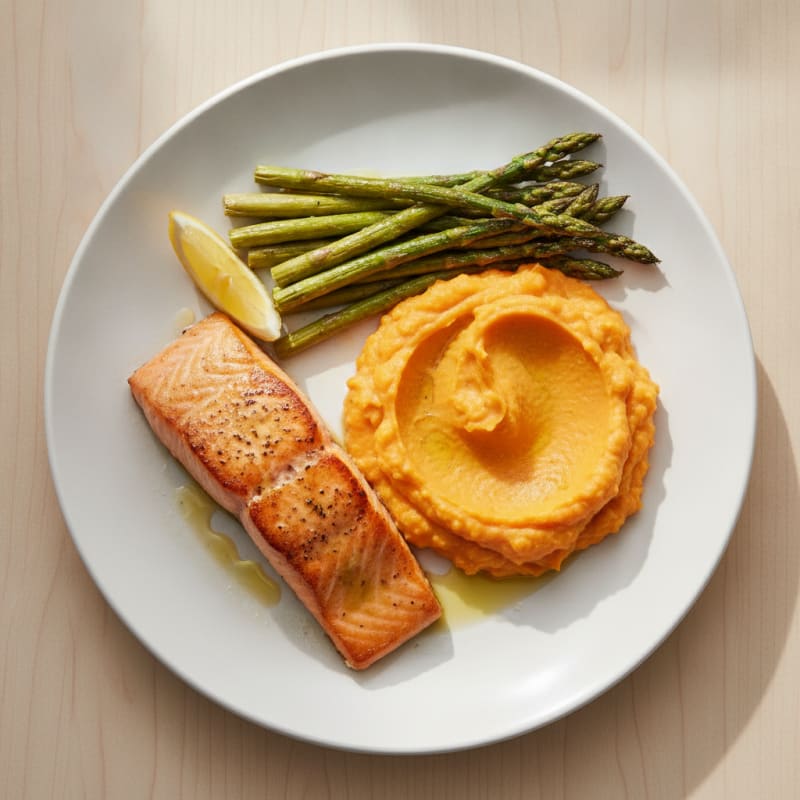 Seared Salmon Fillet with Roasted Asparagus and Sweet Potato Mash