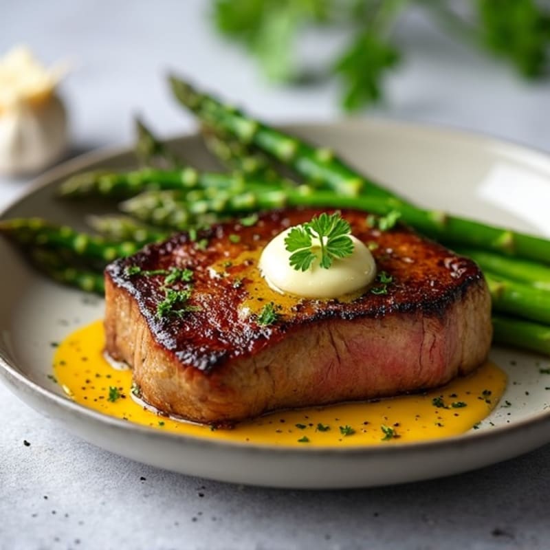 Pan-Seared Steak with Roasted Asparagus and Garlic Herb Butter