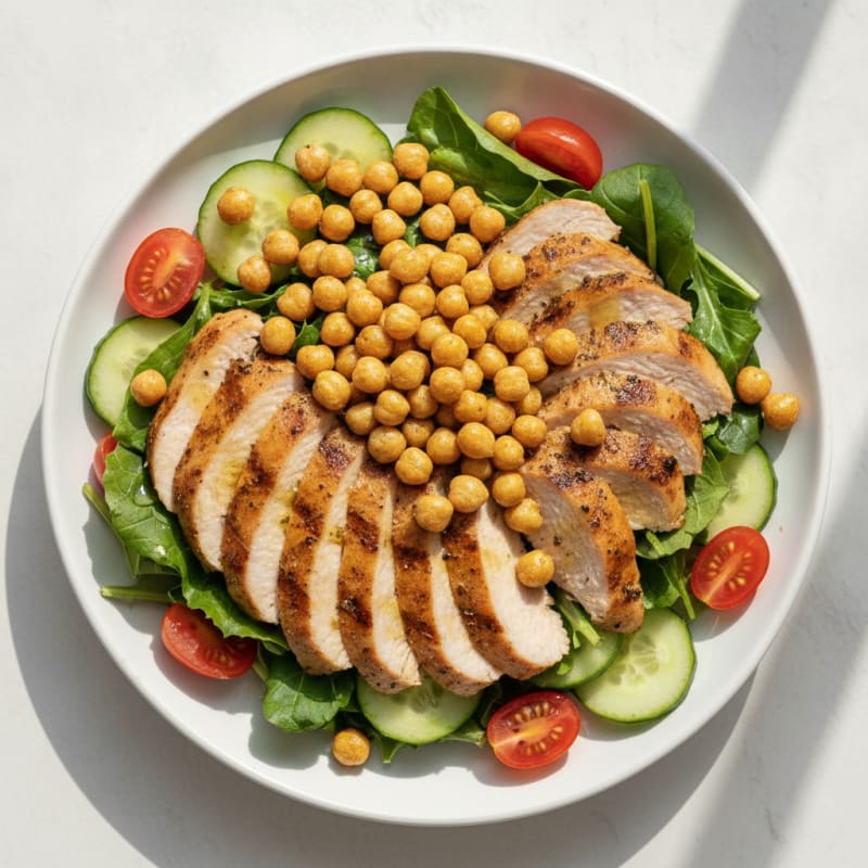 Grilled Turkey Breast Salad with Crunchy Chickpeas and Olive Oil Vinaigrette