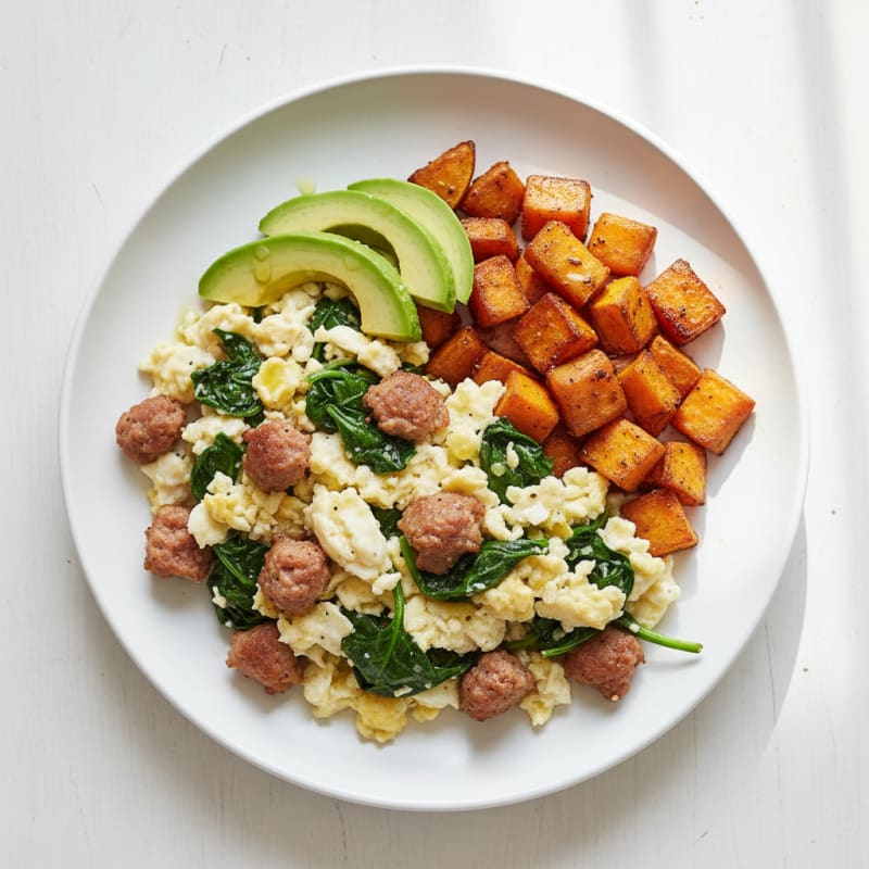 Egg White Scramble with Turkey Sausage and Sautéed Spinach