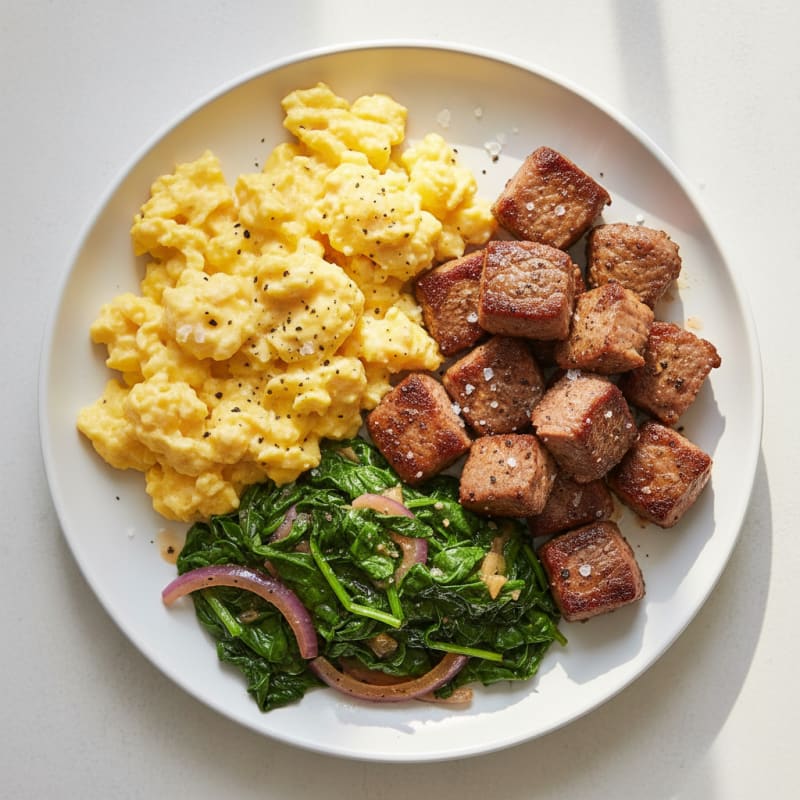 Scrambled Eggs with Sautéed Spinach and Seared Steak Bites