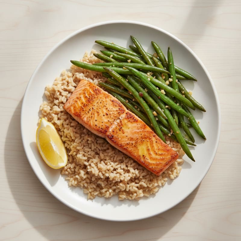 Seared Salmon with Garlic Green Beans and Brown Rice