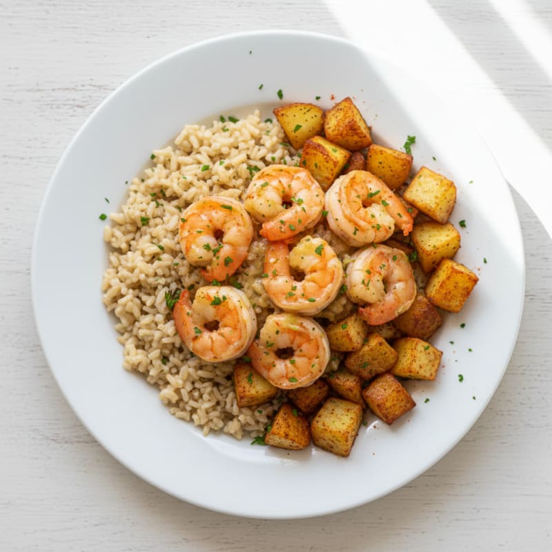 Garlic Shrimp with Roasted Potatoes and Rice