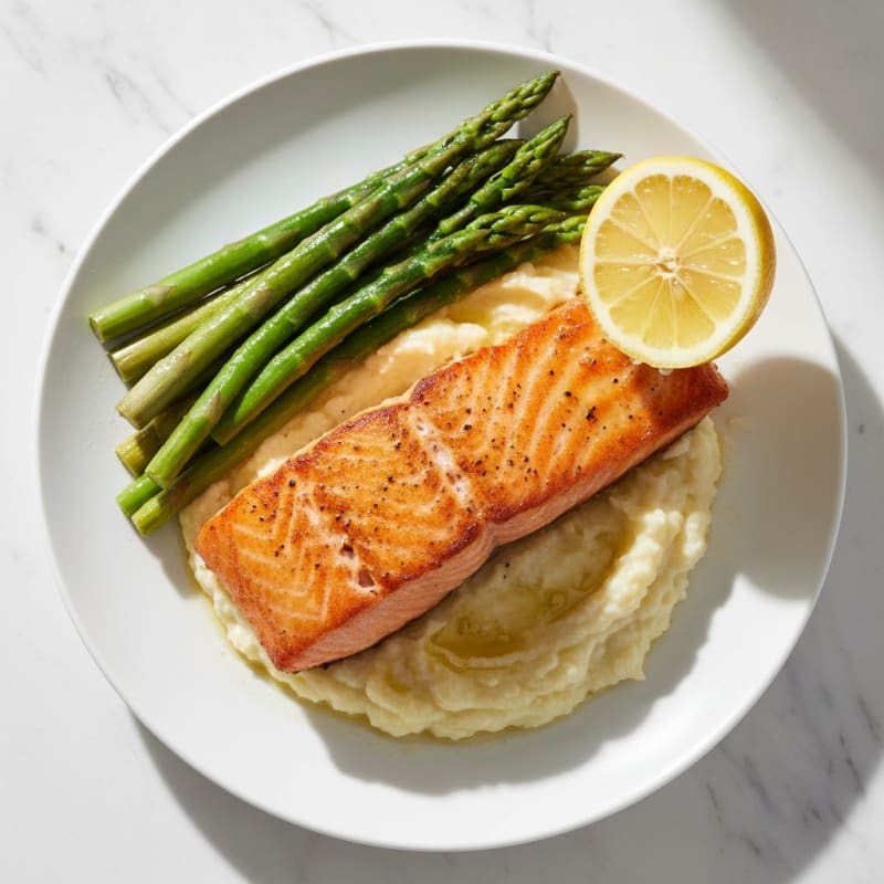 Seared Salmon Fillet with Steamed Asparagus and Cauliflower Mash