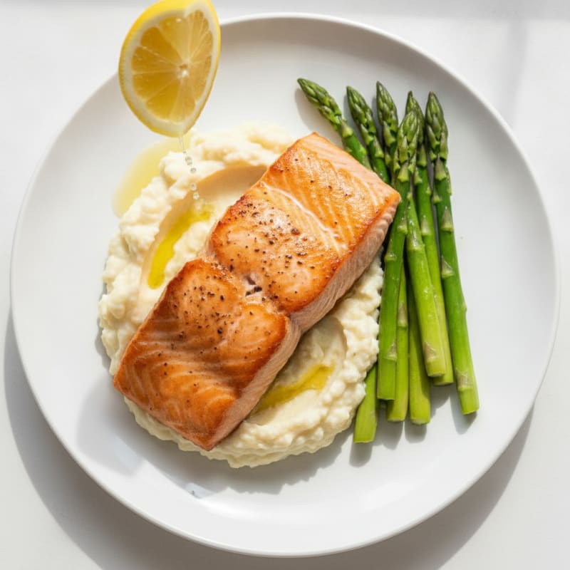 Seared Salmon with Steamed Asparagus and Cauliflower Mash