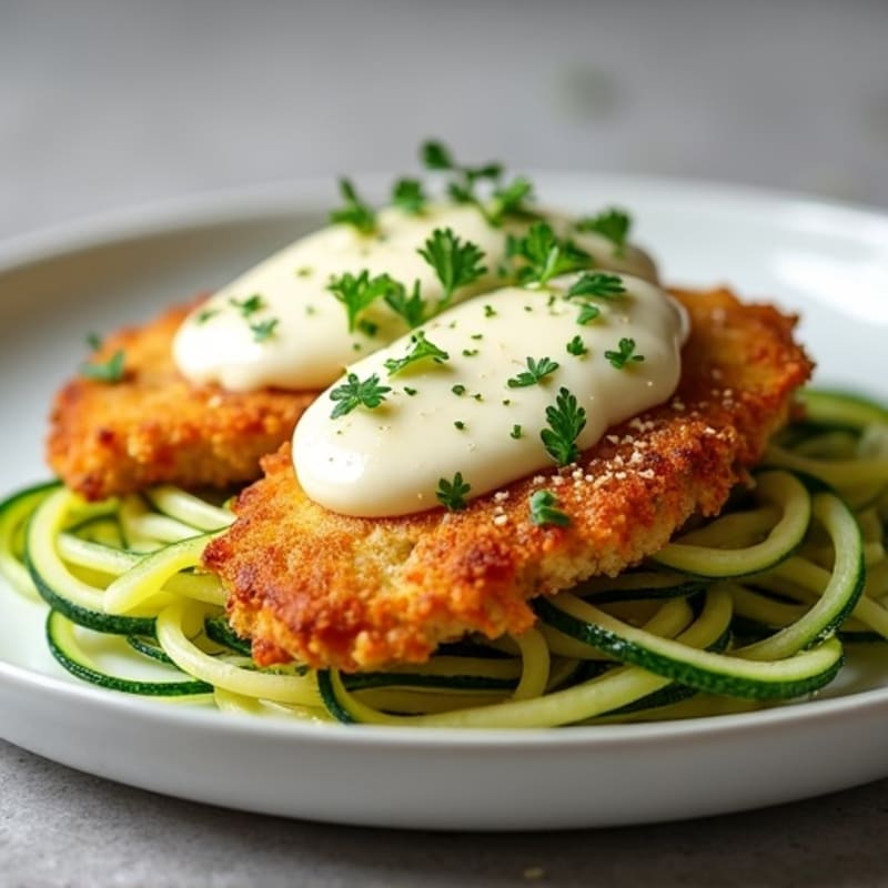 Crispy Baked Chicken Cutlets with Melted Mozzarella and Zucchini Noodles