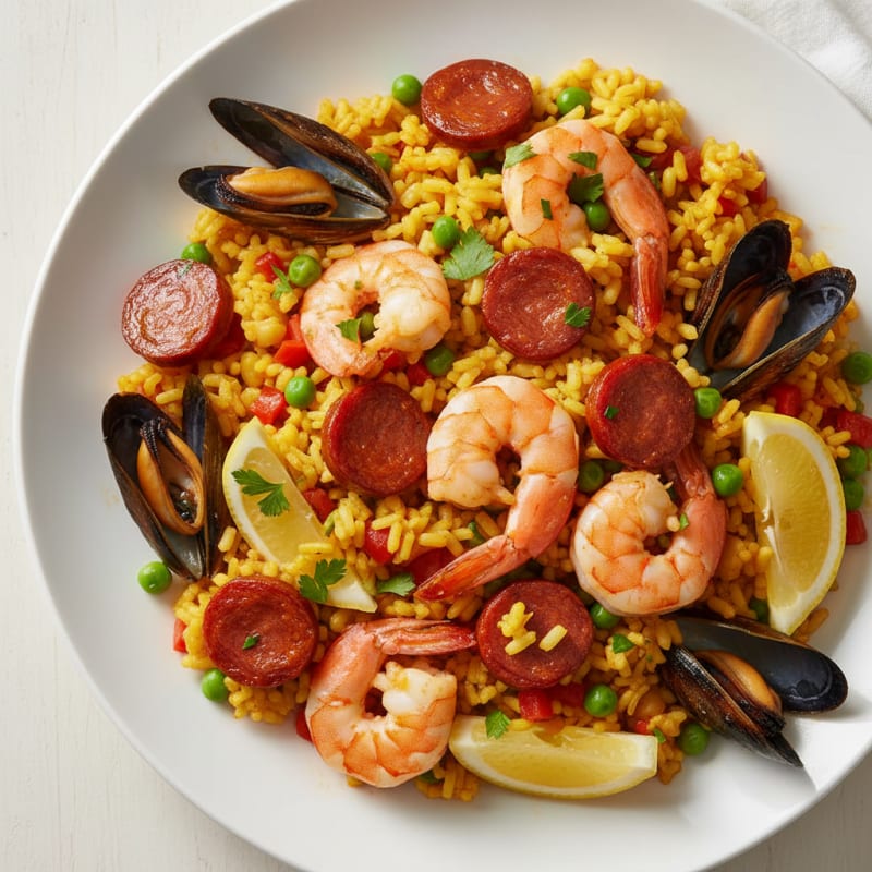 Saffron Seafood Paella with Chorizo