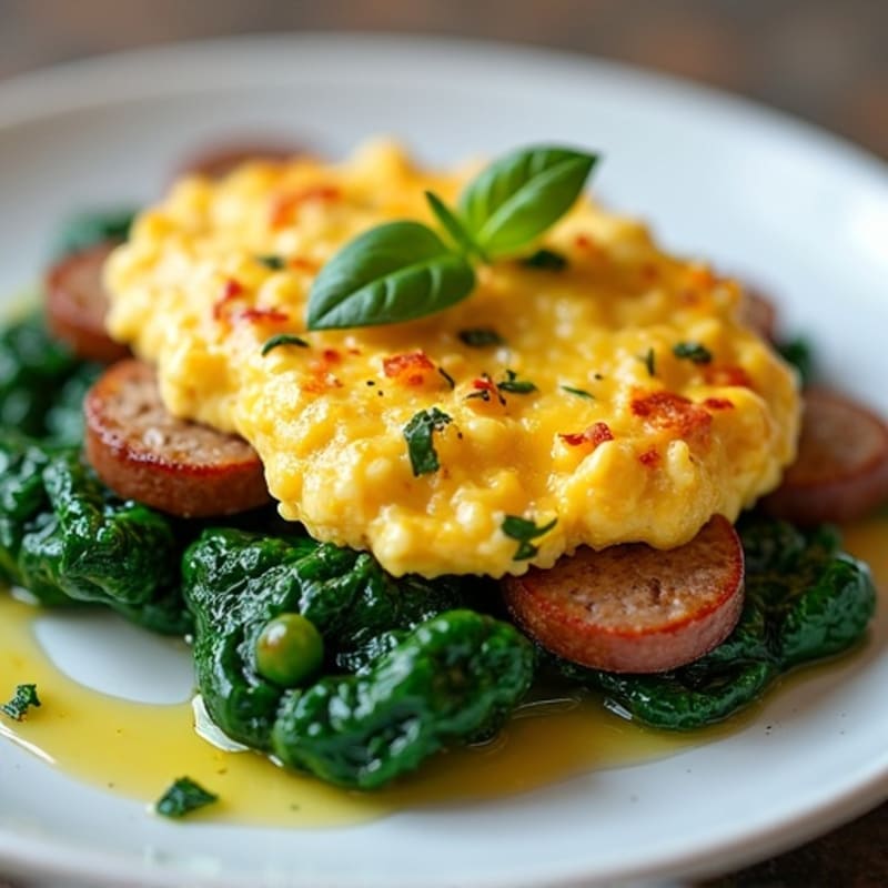 Egg White Scramble with Turkey Sausage and Sautéed Spinach