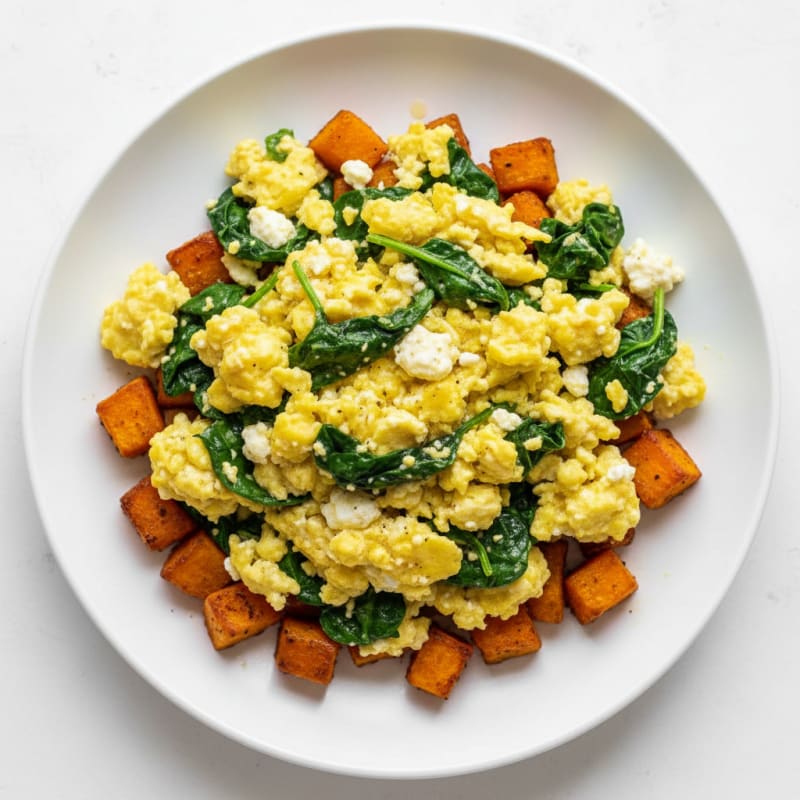 Cottage Cheese Scramble with Spinach and Roasted Sweet Potato