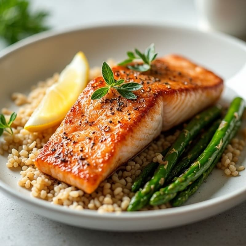 Seared Salmon with Steamed Asparagus and Brown Rice